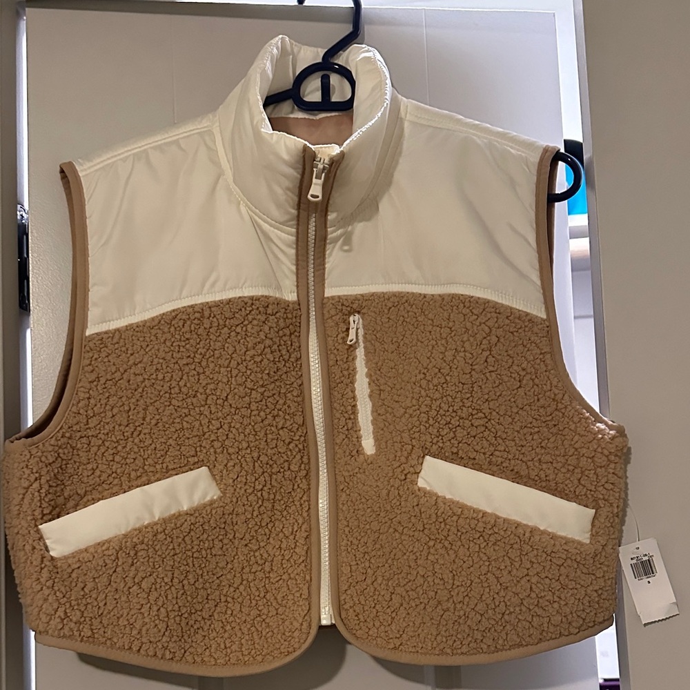 Tan and White Sherpa Cropped Vest